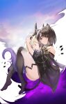  2girls :&lt; absurdres animal_ears arknights ass bangs bare_shoulders barefoot between_legs black_choker black_dress black_hair black_skin blonde_hair blush blush_stickers cat_ears cat_girl cat_tail character_request choker closed_eyes closed_mouth colored_skin dress eyebrows_visible_through_hair full_body gradient_skin highres hug long_sleeves looking_at_viewer mandrake_(arknights) multiple_girls parted_bangs short_dress tabayashi tail thighlet v-shaped_eyebrows wide_sleeves yellow_eyes 