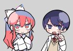  1boy 1girl bangs blush_stickers bow buttons cardigan chibi closed_eyes closed_mouth commentary grey_background grey_cardigan hair_between_eyes hair_bow hair_ornament hair_ribbon hairclip hands_on_own_chest index_finger_raised labcoat long_hair looking_at_viewer magnet nanawo_akari neck_ribbon necktie official_art ponytail red_neckwear redhead ribbon school_uniform short_necktie sidelocks simple_background sleeves_past_fingers sleeves_past_wrists sou_(niconico) terada_tera triangle turing_love upper_body v-shaped_eyebrows very_long_hair w_arms white_ribbon yellow_sweater_vest 