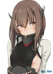  1girl 4690_(tkpbsk) bangs blush breasts brown_eyes brown_hair closed_mouth eyebrows_visible_through_hair hair_between_eyes headband headgear kantai_collection looking_to_the_side medium_hair simple_background small_breasts solo taihou_(kancolle) twitter_username upper_body white_background 
