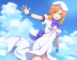  1girl artist_name bangs blue_eyes blue_sky blush bow breasts clouds dress eyebrows_visible_through_hair hair_between_eyes highres higurashi_no_naku_koro_ni medium_hair nerune_j open_mouth orange_hair purple_bow ryuuguu_rena signature sky smile solo white_dress white_headwear 