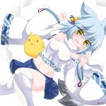  &gt;_&lt; 1girl :d animal_ears azur_lane bangs bare_shoulders bell blue_hair blue_skirt breasts closed_eyes commentary_request crop_top detached_sleeves eyebrows_visible_through_hair feet_out_of_frame fubuki_(azur_lane) groin hair_bell hair_between_eyes hair_ornament hands_up highres jingle_bell kanijiru knees_together_feet_apart long_sleeves looking_at_viewer manjuu_(azur_lane) medium_breasts midriff navel open_mouth pleated_skirt ribbon-trimmed_sleeves ribbon_trim shide skirt smile solo thigh-highs twitter_username white_legwear white_sleeves wide_sleeves yellow_eyes 