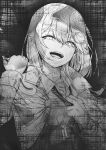  1girl clothes_pull greyscale hair_ornament high-waist_skirt highres hololive hololive_english jacket monochrome monocle_hair_ornament open_mouth plaid plaid_skirt shirt_pull skirt smile solo syringe upper_body virtual_youtuber watson_amelia weizen 