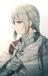  1boy adjusting_clothes airgetlam_(fate) armor bangs bedivere_(fate) blue_eyes braid cape closed_mouth commentary ede fate/grand_order fate/stay_night fate_(series) highres long_hair looking_to_the_side male_focus plate_armor ponytail portrait prosthesis prosthetic_arm sidelocks silver_hair smile solo white_cape 