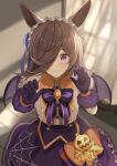  1girl bangs black_gloves blush bow brown_hair cathy_idx closed_mouth collared_shirt commentary_request curtains demon_wings eyebrows_visible_through_hair gloves hair_over_one_eye halloween hands_up highres indoors looking_at_viewer orange_bow puffy_short_sleeves puffy_sleeves purple_skirt purple_wings rice_shower_(umamusume) shirt short_sleeves skirt smile solo transparent umamusume violet_eyes white_shirt wings 
