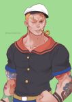  1boy arm_tattoo belt black_shirt blonde_hair brown_belt collarbone collared_shirt green_background hat looking_at_viewer male_focus mature_male popeye popeye_the_sailor red_sailor_collar sailor_collar sailor_shirt shirt short_hair short_sleeves simple_background solo tabby_chan tattoo twitter_username upper_body very_short_hair white_headwear 