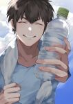 1boy absurdres ace_of_diamond aiaipoponta0605 bangs blue_shirt bottle brown_hair closed_eyes clouds day highres holding holding_bottle male_focus outdoors sawamura_eijun shirt short_hair sky smile solo teeth towel towel_around_neck upper_body water_bottle 