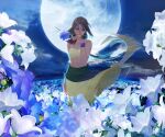  1girl arc_the_lad arc_the_lad_ii breasts brown_hair clouds dark-skinned_female dark_skin facial_mark flower full_moon green_eyes long_hair looking_at_viewer midriff moon navel sania_(arc_the_lad) save_scene_a solo tank_top 