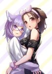  2girls animal_ears bangs black_choker black_shirt bob-the-bison cat_girl choker commentary_request crossed_bangs dog_ears dog_girl food hair_between_eyes hairband highres hololive hololive_gamers inugami_korone multiple_girls nekomata_okayu onigiri purple_hair shirt short_hair shorts simple_background violet_eyes virtual_youtuber white_shirt 