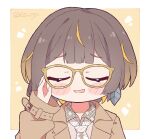  1girl adjusting_eyewear anya_melfissa blonde_hair blush_stickers brown_hair chibi closed_eyes coat commentary english_commentary glasses hololive hololive_indonesia kukie-nyan multicolored_hair necktie short_hair solo streaked_hair twitter_username upper_body virtual_youtuber yellow-framed_eyewear 
