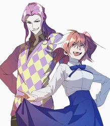  1boy 1girl ahoge amama_882 anniversary_blonde argyle argyle_sweater ascot bangs black_shirt blouse blue_eyes blue_neckwear blue_skirt breasts collared_shirt colored_skin commentary_request curly_hair curtsey fate/grand_order fate_(series) fujimaru_ritsuka_(female) grin hand_on_hip highres juliet_sleeves junk_shop_(fate/grand_order) large_breasts long_hair long_sleeves medium_breasts mephistopheles_(fate) messy_hair multicolored multicolored_eyes official_alternate_costume orange_hair pants parted_bangs puffy_sleeves purple_hair shirt simple_background skirt smile smirk sweater teeth thick_eyebrows tongue tongue_out vest violet_eyes white_blouse white_skin yellow_eyes 