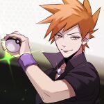  1boy bangs blue_oak closed_mouth collared_shirt glint highres holding holding_poke_ball jewelry looking_at_viewer male_focus necklace orange_hair poke_ball pokemon pokemon_(game) pokemon_frlg shirt short_hair signature smile solo spiky_hair ultra_ball upper_body wristband yori_(ito_haruki) 