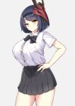  1girl absurdres alternate_costume bangs black_hair black_skirt blush bow bowtie breast_pocket breasts button_gap collared_shirt commentary_request contemporary eyebrows_visible_through_hair eyes_visible_through_hair genshin_impact hand_on_hip highres kujou_sara large_breasts leaning_forward line4x looking_at_viewer mask mask_on_head pleated_skirt pocket school_uniform shirt short_hair short_sleeves sidelocks simple_background skirt smile solo tengu_mask tented_shirt white_shirt yellow_eyes 