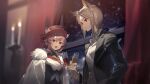  2girls :d animal_ear_fluff animal_ears arknights artist_request black_jacket blue_eyes blurry bow bowtie cat_ears cloak collared_shirt cup curtains depth_of_field dress_shirt drinking_glass formal fur-trimmed_cloak fur_trim game_cg green_eyes green_hair hair_between_eyes hand_in_pocket hat heidi_(arknights) holding holding_cup indoors jacket kal&#039;tsit_(arknights) multiple_girls official_alternate_costume open_clothes open_jacket open_mouth pink_hair red_headwear shirt short_hair smile snow triangle_mouth upper_body white_cloak white_neckwear white_shirt window wine_glass 