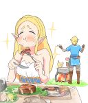  1boy 1girl absurdres blonde_hair closed_eyes cooking crying dress eating fingerless_gloves fire fish food full_mouth fuwatoroofuton gloves highres link long_hair meat mushroom pointy_ears pot princess_zelda skewer sparkle steak strapless strapless_dress the_legend_of_zelda the_legend_of_zelda:_breath_of_the_wild white_background 