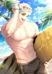  1boy :p abs arm_up bangs beach bird blonde_hair blue_sky boat brown_eyes clouds day eyebrows eyewear_on_head haikyuu!! hand_in_hair hemoon holding holding_surfboard looking_at_viewer male_focus male_swimwear male_underwear miya_atsumu multicolored_hair navel ocean outdoors palm_tree pectorals sailboat sand seagull short_hair sky solo summer sunglasses surf surfboard swim_trunks symbol-only_commentary toned toned_male tongue tongue_out topless_male tree twitter_username two-tone_hair underwear water watercraft wet 