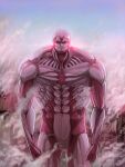  1boy abs armored_titan blonde_hair clear_sky closed_mouth debris feet_out_of_frame giant giant_male male_focus muscular muscular_male nene_(10575936) pectorals shingeki_no_kyojin sky smoke solo sunset 