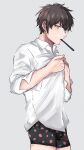  1boy absurdres ace_of_diamond aiaipoponta0605 bangs black_male_underwear blush boxers brown_eyes brown_hair highres looking_at_viewer male_focus male_underwear sawamura_eijun shirt short_hair solo toothbrush toothbrush_in_mouth underwear undressing white_background white_shirt 