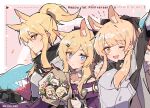  3girls animal_ears anniversary arknights armor aunt_and_niece blonde_hair blue_eyes blush bouquet character_name extra_ears eyebrows_visible_through_hair fang flower hand_up highres holding holding_bouquet horse_ears kingdom_of_kazimierz_logo kyou_039 long_hair looking_at_viewer multiple_girls nightingale_(arknights) one_eye_closed open_mouth pink_background platinum_(arknights) ponytail shining_(arknights) siblings sidelocks sideways_glance sisters skin_fang thick_eyebrows twitter_username upper_body yellow_eyes 