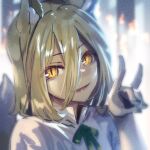  1girl animal_ears bangs black_background blonde_hair bow eyebrows_visible_through_hair eyes_visible_through_hair fox_ears fox_tail green_bow hair_between_eyes hand_up jumpsuit kudamaki_tsukasa looking_at_viewer open_mouth shadow short_hair short_sleeves smile solo tail touhou upper_body white_background white_jumpsuit white_sleeves yellow_eyes zounose 