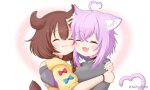  2girls :d ^_^ ahoge animal_ear_fluff animal_ears bangs black_collar bone_hair_ornament cartoon_bone cat_ears cat_girl cat_tail closed_eyes closed_mouth collar commentary_request dog_ears dog_girl dog_tail eyebrows_visible_through_hair fang fang_out grey_hoodie hair_between_eyes hair_ornament heart heart_ahoge heart_tail hololive hood hood_down hooded_jacket hoodie hug inugami_korone jacket long_sleeves mitya multiple_girls nekomata_okayu open_mouth puffy_long_sleeves puffy_short_sleeves puffy_sleeves purple_hair short_sleeves sleeves_past_wrists smile tail twitter_username upper_body virtual_youtuber white_background yellow_jacket 