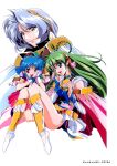  1990s_(style) 3girls artist_name bangs blue_eyes blue_hair braid bridal_veil can_can_bunny can_can_bunny_extra cape copyright_name gloves green_hair hair_ornament highres long_hair multiple_girls official_art open_mouth red_eyes retro_artstyle sawadee short_hair silver_hair simple_background smile swatty_(can_can_bunny) veil white_background yellow_eyes 