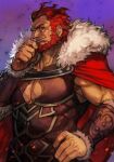  1boy armor beard brown_armor cape closed_mouth clothing_cutout dark-skinned_male dark_skin facial_hair fate/zero fate_(series) fingernails fur-trimmed_cape fur_trim hand_on_hip hand_on_own_chin hankuri iskandar_(fate) looking_at_viewer male_focus muscular muscular_male pectoral_cleavage pectorals red_cape red_eyes redhead short_hair sleeveless smile solo very_short_hair 