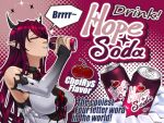  1girl ad bigforkman breasts bridal_gauntlets can cherry closed_eyes elbow_gloves english_text food fruit gloves highres hololive hololive_english horns irys_(hololive) long_hair redhead shirt sleeveless soda soda_can solo white_shirt 