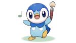  blue_eyes blush commentary_request full_body holding holding_paintbrush leg_up musical_note no_humans official_art open_mouth paintbrush piplup pokemon pokemon_(creature) project_pochama solo standing standing_on_one_leg toes tongue 