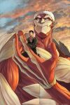  2boys armored_titan bertolt_hoover blonde_hair brown_hair carrying_person clouds cloudy_sky from_below giant giant_male highres male_focus multiple_boys nene_(10575936) reiner_braun shingeki_no_kyojin short_hair size_difference sky spoilers sunset 
