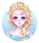  1girl bangs blonde_hair blue_eyes braid braided_ponytail collarbone elsa_(frozen) frozen_(disney) hair_over_shoulder long_hair looking_at_viewer off_shoulder parted_lips ponytail portrait solo tabby_chan 