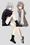  2girls :3 bangs belt beret black_belt black_footwear black_shirt black_shorts blue_eyes boots brown_hair from_side genderswap genderswap_(mtf) grey_hair grey_headwear hair_behind_ear hat highres invisible_chair kanae_(nijisanji) kuzuha_(nijisanji) long_hair looking_at_viewer multiple_girls nijisanji pointy_ears red_eyes shirt shirt_tucked_in shorts sitting smile sudooru_haru vampire virtual_youtuber 