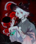  1boy black_nails blood earrings ghost grey_hair hat highres jewelry mischief_witch qieqion red_eyes short_hair sky:_children_of_the_light solo white_hair witch_hat 