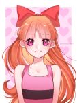  1girl bangs blossom_(ppg) blunt_bangs border bow brown_hair closed_mouth collarbone eyebrows_visible_through_hair floating_hair hair_bow heart heart_background long_hair pink_background pink_shirt powerpuff_girls red_bow red_eyes shiny shiny_hair shirt sleeveless sleeveless_shirt smile solo tabby_chan upper_body very_long_hair white_border 