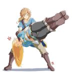  1boy 1girl anger_vein annoyed automatic_giraffe beige_pants black_pants blonde_hair blue_eyes blue_shirt boots brown_footwear closed_eyes hair_behind_ear holding_person link pants pointy_ears princess_zelda shadow shirt sunrise_stance the_legend_of_zelda the_legend_of_zelda:_breath_of_the_wild thick_thighs thighs v-shaped_eyebrows white_background 