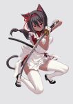  1girl animal_ears apron black_footwear breasts cat_ears cat_tail china_dress chinese_clothes closed_mouth dress fighting_stance fkey flower_knot grey_hair hair_between_eyes hairband highres holding holding_sword holding_weapon kafei_(fkey) katana long_hair looking_at_viewer maid maid_apron medium_breasts one_knee original red_eyes red_hairband red_sash sash scabbard sheath shoes simple_background skindentation solo sword tail thigh-highs two-handed unsheathed weapon white_apron white_background white_legwear 
