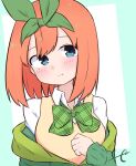  1girl bangs blue_background blue_eyes blush bow breasts closed_mouth collared_shirt commentary eyebrows_behind_hair go-toubun_no_hanayome green_bow green_jacket green_ribbon hair_between_eyes hair_ribbon hand_up jacket kujou_karasuma long_sleeves medium_breasts nakano_yotsuba off_shoulder open_clothes open_jacket orange_hair ribbon shirt signature sleeves_past_wrists smile solo sweater_vest symbol-only_commentary two-tone_background upper_body white_background white_shirt 