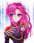  1girl bangs black_jacket blue_eyes breasts closed_mouth epaulettes eyebrows_visible_through_hair hair_between_eyes hair_intakes jacket long_hair looking_to_the_side pink_hair shiny shiny_hair shoujo_kakumei_utena small_breasts solo tabby_chan tenjou_utena twitter_username upper_body very_long_hair 