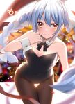  1girl absurdres akky_(akimi1127) animal_ear_fluff animal_ears bangs bare_shoulders black_bow black_leotard blue_hair blurry blurry_background blush bow braid breasts brown_legwear bunny-shaped_pupils carrot_hair_ornament closed_mouth collar collarbone commentary_request covered_navel depth_of_field detached_collar eyebrows_visible_through_hair food-themed_hair_ornament hair_between_eyes hair_bow hair_ornament highres hololive leaning_forward leotard long_hair looking_at_viewer multicolored_hair pantyhose playboy_bunny rabbit_ears red_eyes short_eyebrows small_breasts smile solo strapless strapless_leotard thick_eyebrows thigh_gap twin_braids twintails two-tone_hair usada_pekora very_long_hair virtual_youtuber white_bow white_collar white_hair wing_collar wrist_cuffs 