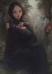  1girl black_dress black_hair breasts closed_eyes crossed_legs detached_sleeves dress feet_out_of_frame garden hand_on_own_chest highres large_breasts long_hair music nat_the_lich original pandora_(nat_the_lich) singing sitting solo 