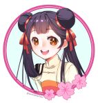  1girl :d bangs black_hair cardcaptor_sakura double_bun eyebrows_visible_through_hair hair_ribbon li_meiling long_hair open_mouth orange_eyes portrait red_ribbon ribbon shiny shiny_hair smile solo tabby_chan twintails twitter_username white_background 