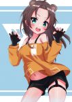  1girl :d absurdres animal_ears bangs bear_ears black_gloves black_shorts blue_background blush brown_hair claw_pose cowboy_shot extra_ears forehead gloves green_eyes highres hololive long_hair long_sleeves looking_at_viewer natsuiro_matsuri navel off-shoulder_shirt off_shoulder ontake2009 open_clothes open_mouth orange_shirt parted_bangs partially_fingerless_gloves shirt short_shorts shorts smile solo thigh_strap upper_teeth v-shaped_eyebrows virtual_youtuber 
