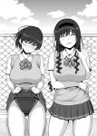  2girls :d amagami blush bow bowtie breasts chain-link_fence closed_mouth clothes_lift clouds competition_swimsuit day facing_viewer fence greyscale hand_up large_breasts lifted_by_self long_hair looking_at_viewer miniskirt monochrome morishima_haruka multiple_girls one-piece_swimsuit open_mouth outdoors pleated_skirt rooftop sanagi_torajirou school_uniform shirt short_sleeves skirt skirt_lift sky smile standing sweater_vest swimsuit swimsuit_under_clothes tsukahara_hibiki waving 