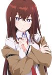  1girl :o arm_belt bangs belt black_belt blush brown_hair brown_jacket buckle collared_shirt eyebrows_visible_through_hair hair_between_eyes hair_twirling hand_on_own_arm hand_up ixy jacket long_hair long_sleeves looking_at_viewer makise_kurisu necktie open_mouth red_neckwear shirt sidelocks simple_background solo steins;gate upper_body violet_eyes white_background white_shirt 