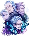  4boys beard black-framed_eyewear bug butterfly cigarette eyepatch facial_hair fate/grand_order fate_(series) glasses glint hair_slicked_back highres james_moriarty_(fate) kyosuke li_shuwen_(fate) looking_at_viewer male_focus mouth_hold multiple_boys mustache old old_man silver_hair smoking stubble violet_eyes white_background white_hair william_tell_(fate) yagyuu_munenori_(fate) yellow_eyes 
