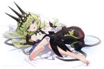  1girl :p absurdres bangs bare_shoulders barefoot black_dress black_gloves black_nails closed_mouth crown dress feet full_body gloves green_eyes green_hair hair_between_eyes highres honkai_(series) honkai_impact_3rd legs long_hair looking_at_viewer lying mobius_(honkai_impact) nail_polish on_side pillow sleeveless sleeveless_dress soles solo toenail_polish toenails toes tongue tongue_out white_background wucanming 