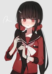  1girl bangs black_hair black_sailor_collar blush breast_pocket collarbone danganronpa_(series) danganronpa_v3:_killing_harmony grey_background hair_ornament hairclip harukawa_maki highres holding holding_hair long_hair long_sleeves looking_at_viewer mole mole_under_eye pocket pout red_eyes red_scrunchie ririo_(mitsumatario) sailor_collar school_uniform scrunchie shirt signature simple_background sketch twintails 