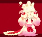  alcremie alcremie_(strawberry_sweet) cape closed_mouth evolutionary_line food fruit fur-trimmed_cape fur_trim hand_up looking_at_viewer milcery neck_ribbon no_humans on_head pokemon_(creature) pokemon_on_head red_cape red_eyes red_ribbon ribbon strawberry symabara 