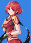 1girl absurdres bangs black_gloves blue_background blush breasts chest_jewel closed_mouth commentary cowboy_shot eyelashes fingerless_gloves from_side gem gloves hand_on_own_chest headpiece highres large_breasts looking_at_viewer nemo_ringo pyra_(xenoblade) red_eyes red_shorts redhead shadow shiny shiny_hair short_hair short_sleeves shorts sidelocks simple_background smile solo swept_bangs tiara xenoblade_chronicles_(series) xenoblade_chronicles_2 