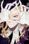  1boy black_headwear blonde_hair butterfly_ornament claws curly_hair eyelashes fate/grand_order fate_(series) formal gloves green_eyes hand_over_face long_hair male_focus pinstripe_pattern pinstripe_suit purple_headwear sindri smile solo striped suit very_long_hair wolfgang_amadeus_mozart_(fate) 