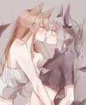  2girls animal_ears arknights blush breasts brown_hair commentary_request eye_contact eyebrows_visible_through_hair face-to-face franka_(arknights) grey_hair highres imminent_kiss liskarm_(arknights) long_hair looking_at_another matsuzaka_(matsuzakagyu_29) multiple_girls parted_lips tail yuri 